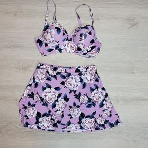 Ladies Medium Purple flowered 2 pc bathing suit with skirt NWOT